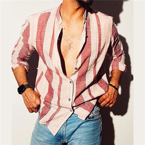 

Men's Shirt 3D Print Striped Turndown Street Casual Button-Down Print Long Sleeve Tops Designer Casual Fashion Breathable Gray Pink Khaki