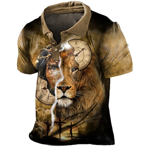 

Men's Collar Polo Shirt Golf Shirt Animal Lion Turndown Khaki 3D Print Outdoor Street Short Sleeves Button-Down Print Clothing Apparel Fashion Designer Casual Breathable / Summer / Spring / Summer