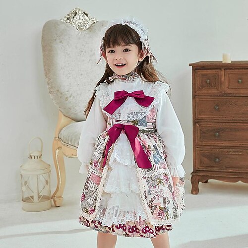 

Kids Girls' Dress Graphic A Line Dress Asymmetrical Dress Vacation Cotton Long Sleeve Princess Dress 3-10 Years Winter White