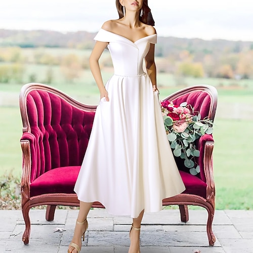 

A-Line Wedding Dresses Off Shoulder Tea Length Satin Sleeveless Simple Sexy Cocktail Little White Dress Backless Cute with Sashes / Ribbons 2022