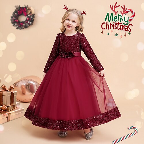 

Bambino Da ragazza Natale Vestito Lustrini Abito linea A Al ginocchio Vestito Natale Con lustrini Manica lunga stile sveglio Vestito 4-12 anni Verde Vino