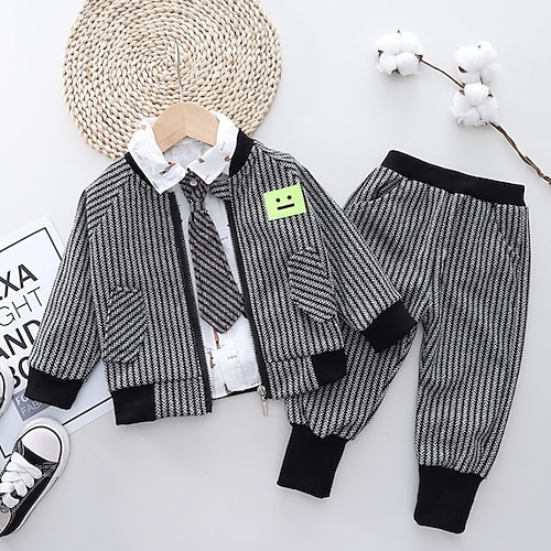 

3 Pieces Kids Boys Suit & Blazer Shirt & Pants Clothing Set Outfit Stripe Long Sleeve Bow Set Formal Gentle Winter Fall 2-6 Years Black Yellow Khaki