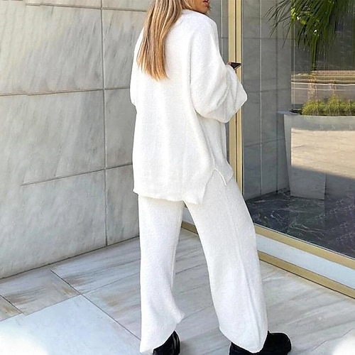 

Women's Loungewear Sets Nighty 2 Pieces Pure Color Simple Comfort Home Daily Cotton Warm V Wire Long Sleeve Hoodie Pant Fall Winter White