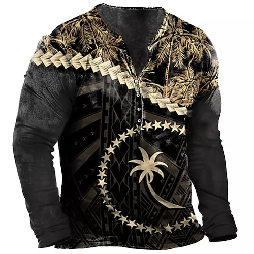 

Men's T shirt Tee Henley Shirt Tee Graphic Tribal Henley Black Long Sleeve 3D Print Plus Size Outdoor Daily Button-Down Print Tops Basic Designer Classic Comfortable / Sports