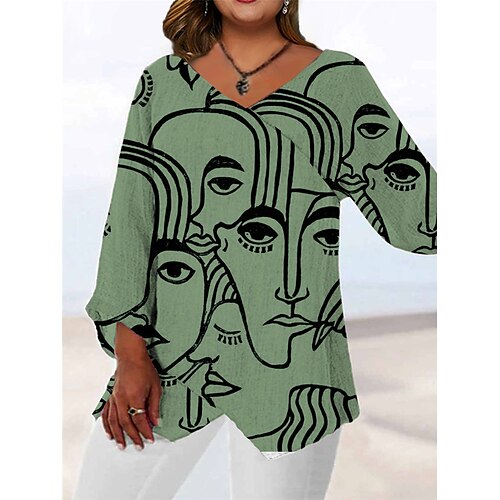 

Women's Plus Size Tops Blouse Shirt Abstract Print Long Sleeve V Neck Casual Daily Going out Polyester Fall Spring Green Gray / 3D Print