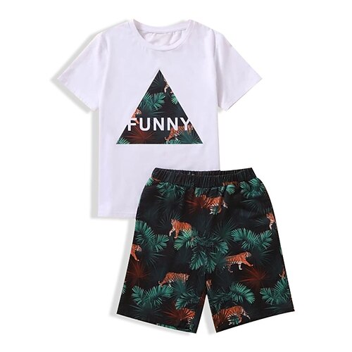 

Kids Boys T-shirt Shorts Clothing Set 2 Pieces Short Sleeve White Leaf Letter Crewneck Print Street Sports Vacation Fashion Comfort Cool Daily 3-13 Years