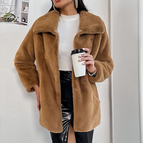 

Women's Faux Fur Coat Warm Breathable Outdoor Daily Wear Vacation Going out Patchwork Buttoned Front Turndown Modern Comfortable Street Style Solid Color Loose Fit Outerwear Long Sleeve Winter Fall