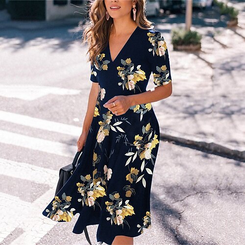 

Women's A Line Dress Swing Dress Midi Dress Navy Blue Half Sleeve Floral Print Fall Winter V Neck Casual Vacation 2022 S M L XL XXL 3XL / Casual Dress