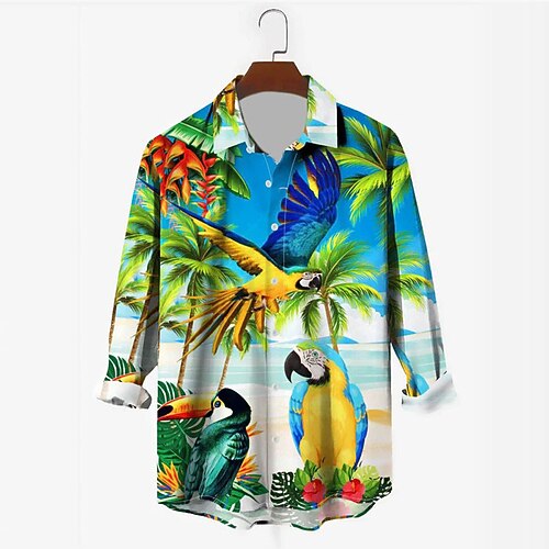 

Men's Shirt 3D Print Coconut Tree Parrot Turndown Street Casual Button-Down Print Long Sleeve Tops Casual Fashion Breathable Blue