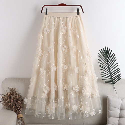 

Women's Skirt Swing Midi Polyester Pink Navy Blue Beige Gray Skirts Spring & Fall Embroidered Layered Lined Elegant Long Daily Date One-Size