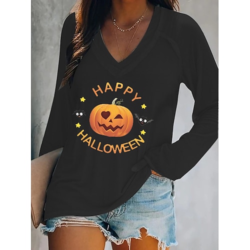 

Women's T shirt Tee Text Pumpkin Halloween Weekend Painting T shirt Tee Long Sleeve Print V Neck Basic Black S / 3D Print