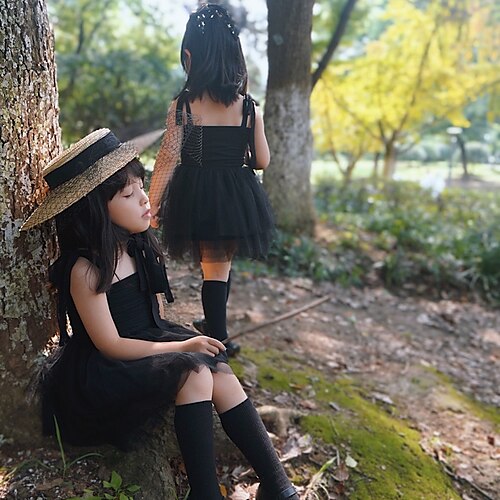 

Kids Little Girls' Dress Solid Colored A Line Dress Daily Ruched Mesh Black Above Knee Sleeveless Princess Sweet Dresses Summer Regular Fit 1pcs 2-8 Years