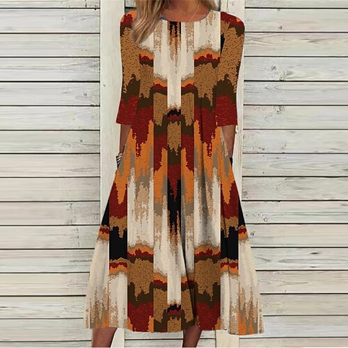 

Women's Casual Dress Shift Dress Midi Dress Khaki 3/4 Length Sleeve Geometric Ruched Print Fall Winter Round Neck Casual Vacation 2022 S M L XL XXL 3XL