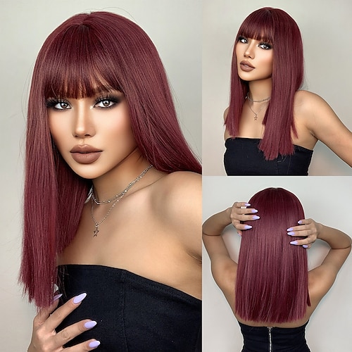 

HAIRCUBE Long Natural Straight Burgundy Hair Color With Bangs for Cool Girl