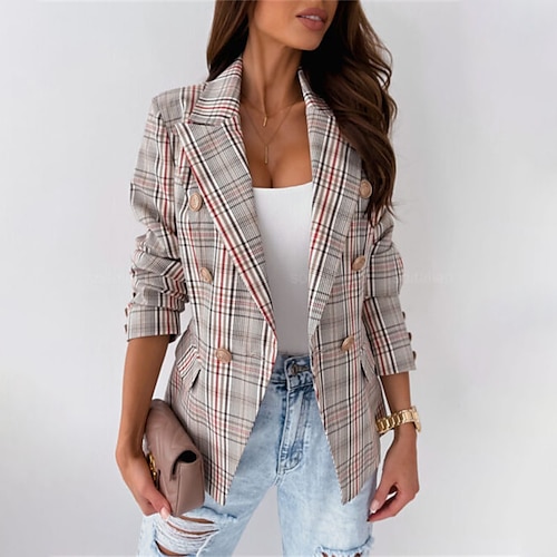 

Women's Blazer Regular Pocket Slim Fit Button Coat Khaki Contemporary OL Style Elegant Office / career Office / Career Wear to work Going out Work Fall Winter Double Breasted Lapel Regular Fit S M L