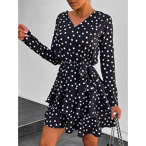 

Women's A Line Dress PolkaDotDress Short Mini Dress Leopard Black Long Sleeve Polka Dot Leopard Print Fall Winter V Neck Casual Loose 2022 S M L XL XXL