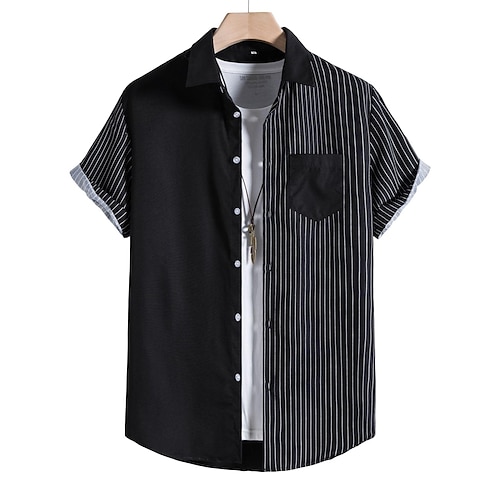 

Men's Shirt Casual Shirt Striped Collar Casual Vacation Color Block Patchwork Short Sleeve Tops Casual Retro White Black