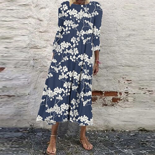 

Women's Shift Dress Midi Dress Blue Royal Blue Navy Blue 3/4 Length Sleeve Floral Ruched Print Fall Winter Round Neck Casual Vacation 2022 S M L XL XXL 3XL