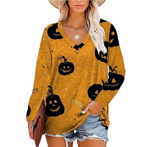 

Women's T shirt Tee Pumpkin Halloween Weekend Painting T shirt Tee Long Sleeve Print V Neck Basic Black Yellow Red S / 3D Print