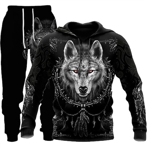 

Herren Trainingsanzug Hoodies Set Schwarz Mit Kapuze Graphic Tier Wolf 2 Teile Bedruckt Sport Natur Casual Sport 3D-Druck Basic Strassenmode Designer Herbst Frühling Bekleidung Kapuzenpullover