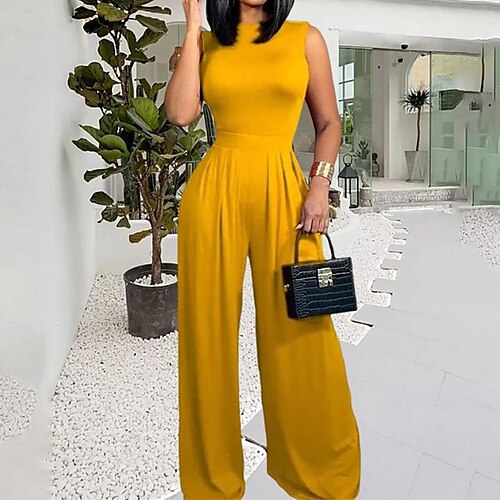 

combinaison femme taille haute couleur unie col rond élégant soirée sortie coupe classique sans manches jaune xl automne