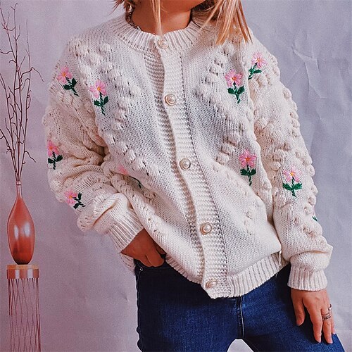 

Women's Cardigan Sweater Jumper Cable Knit Knitted Floral Crew Neck Stylish Casual Daily Holiday Fall Winter Red Beige S M L / Long Sleeve