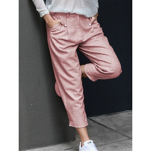 

Women's Pants Trousers Side Pockets Baggy Plain Comfort Ankle-Length Casual Weekend Linen / Cotton Blend Fashion Blue Pink Mid Waist Inelastic