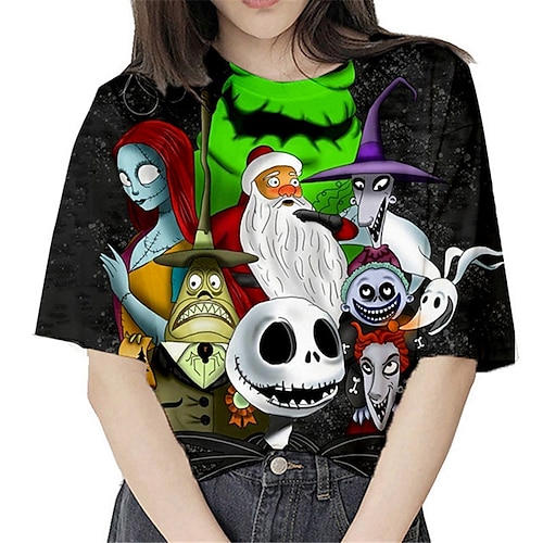 

The Nightmare Before Christmas Kids Girls' Ugly T shirt Skull Outdoor 3D Print Short Sleeve Crewneck Active 3-12 Years Spring Black
