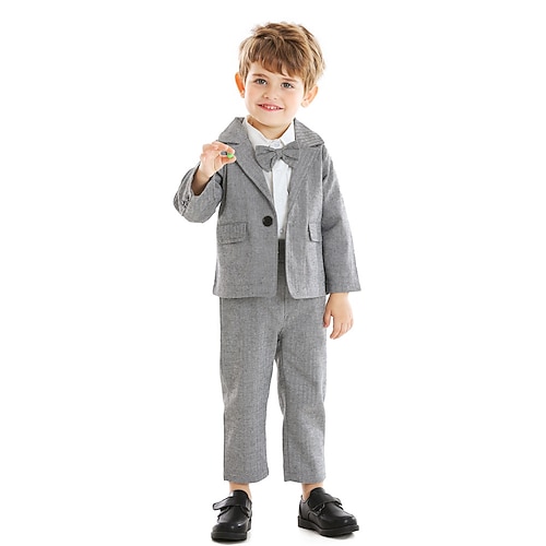 

3 Pieces Kids Boys Suit & Blazer Shirt & Pants Clothing Set Outfit Solid Color Long Sleeve Cotton Set School Fashion Preppy Style Winter Fall 2-6 Years Gray