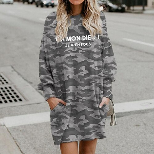 

Women's Shift Dress Short Mini Dress Gray Long Sleeve Fall Print Letter Pocket Print Fall Winter Hooded Casual 2022 S M L XL XXL 3XL