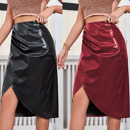 

Women's Skirt Knee-length PU Wine Brown Black Skirts All Seasons Ruched Split Sexy Date Casual Daily S M L