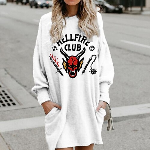 

Women's Shift Dress Short Mini Dress White Black Blue Gray Long Sleeve Print Letter Pocket Print Fall Winter Hooded Casual 2022 S M L XL XXL 3XL