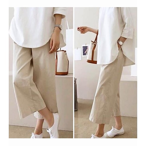 

Women's Wide Leg Chinos Pants Trousers Army Green Khaki Sky Blue Mid Waist Fashion Casual Work Weekend Side Pockets Micro-elastic Calf-Length Comfort Solid Color M L XL XXL