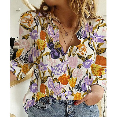 

Women's Plus Size Tops Blouse Shirt Floral Print Long Sleeve Shirt Collar Casual Daily Going out Polyester Fall Winter White Pink