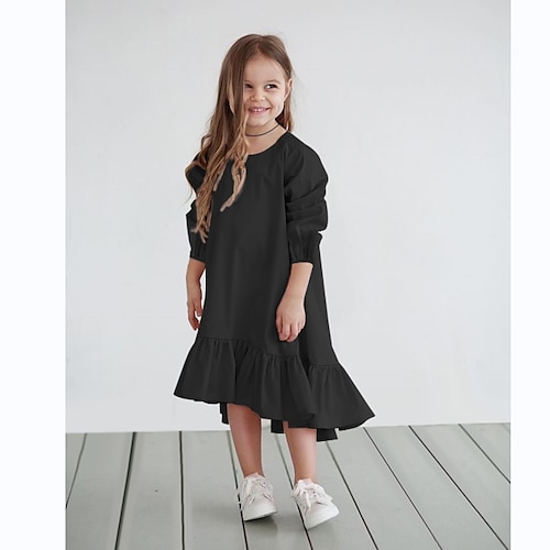 

Kids Little Girls' Dress Solid Colored A Line Dress Daily Green White Black Asymmetrical Long Sleeve Casual Dresses Fall Winter Regular Fit 2-8 Years