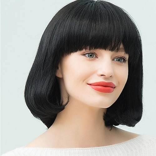 

Short Straight Hair Bob Wigs Brazilian Human Hair Wig with Bangs Remy Full Machine Made Wig for Women 10 Inches No Lace Bob Wigs