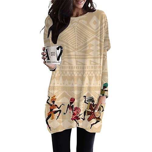 

Women's T shirt Tee Graphic Geometric Casual Weekend Geometric Painting T shirt Tee Long Sleeve Print Round Neck Basic Ethnic Khaki S / 3D Print