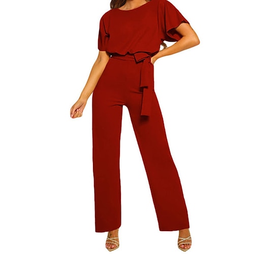 

Women's Jumpsuit Lace up High Waist Solid Color Crew Neck Ordinary Daily Going out Regular Fit Short Sleeve Blue Khaki Red S M L Spring