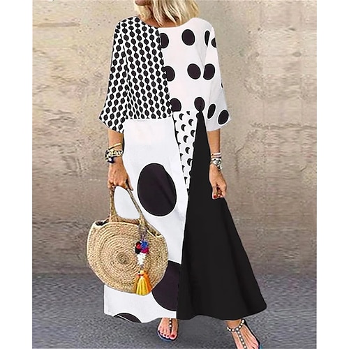 

Women's Casual Dress Long Dress Maxi Dress Black And White 3/4 Length Sleeve Polka Dot Print Fall Spring Autumn Crew Neck Loose Fit 2022 S M L XL 2XL 3XL