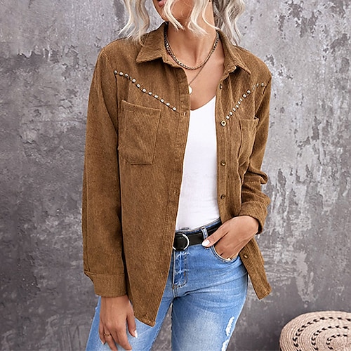 

Women's Casual Jacket Windproof Warm Outdoor Street Daily Vacation Button Pocket Corduroy Single Breasted Lapel Casual Comfortable Street Style Shacket Solid Color Regular Fit Outerwear Long Sleeve