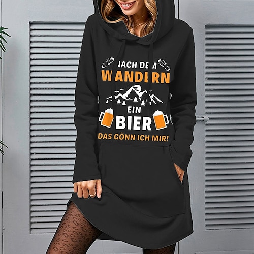 

Women's Shift Dress Short Mini Dress Black Long Sleeve Letter Pocket Print Fall Winter Hooded Casual 2022 S M L XL XXL 3XL