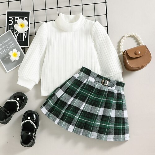 

Kids Girls' Clothing Set 2 Pieces Long Sleeve Green Plaid Solid Color Cotton Vacation Fashion 1-5 Years / Fall / Winter