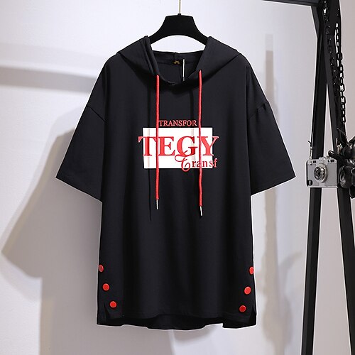 

Women's Plus Size Tops Hoodie Sweatshirt Letter Print Short Sleeve Hooded Basic Streetwear Daily Going out Cotton Fall Winter Black Pink