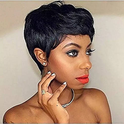 

Remy Human Hair Wig Short Body Wave Pixie Cut Natural Black Adjustable Natural Hairline For Black Women Machine Made Capless Brazilian Hair All Natural Black #1B 6 inch Daily Wear Party & Evening
