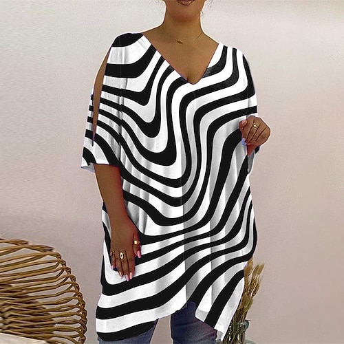 

Women's Plus Size Tops T shirt Tee Striped Color Gradient Cut Out Print Half Sleeve V Neck Festival Daily Going out Cotton Spandex Jersey Spring Summer Green White