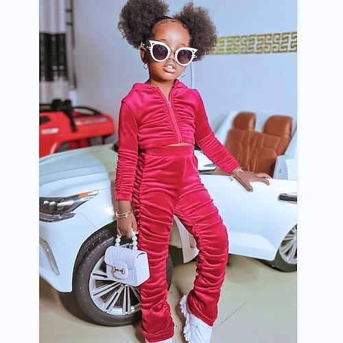 

2 Pieces Kids Girls' Hoodie & Pants Clothing Set Outfit Solid Color Long Sleeve Set Sports Fashion Cool Winter Fall 2-8 Years Red