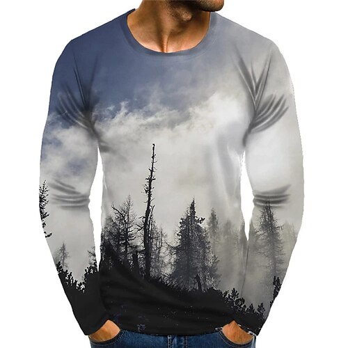 

Men's Unisex T shirt Tee Graphic Prints Forest Crew Neck Gray Long Sleeve 3D Print Outdoor Street Print Tops Basic Vintage Sports Big and Tall