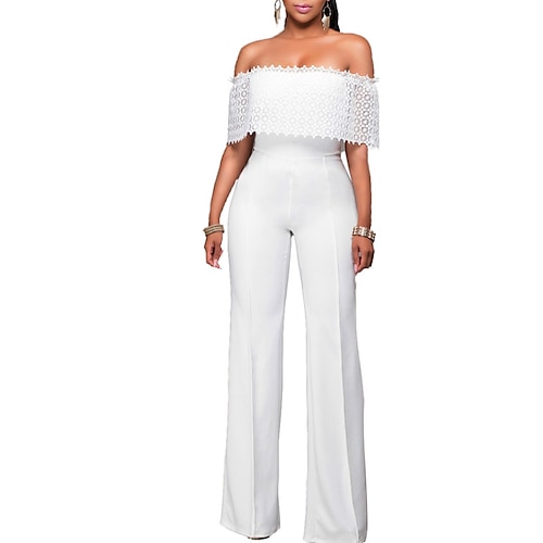 

Women's Jumpsuit Lace Backless Solid Color Strapless Streetwear Street Going out Loose Fit Short Sleeve Cold Shoulder Blue White S M L Spring