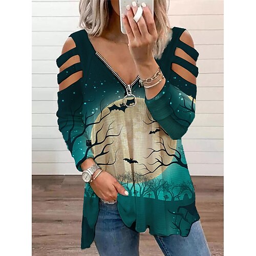 

Women's T shirt Tee Letter Halloween Casual Weekend T shirt Tee Long Sleeve Cut Out Quarter Zip V Neck Basic Green S