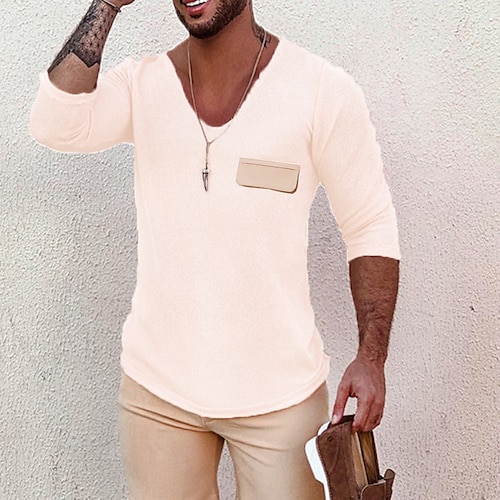 

Men's T shirt Tee Solid Colored V Neck Street Daily Long Sleeve Tops Designer Casual Fashion Comfortable Beige